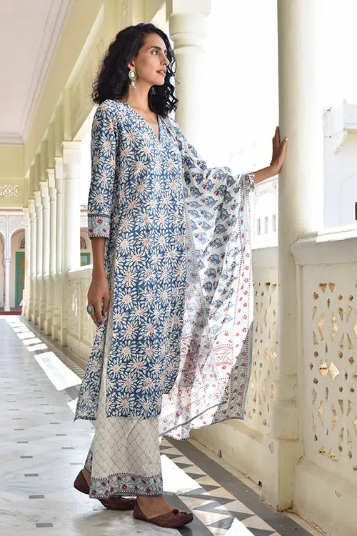 Okhai 'Silver Pearl' Pure Cotton Hand Block Printed Kurta Pant Dupatta Set