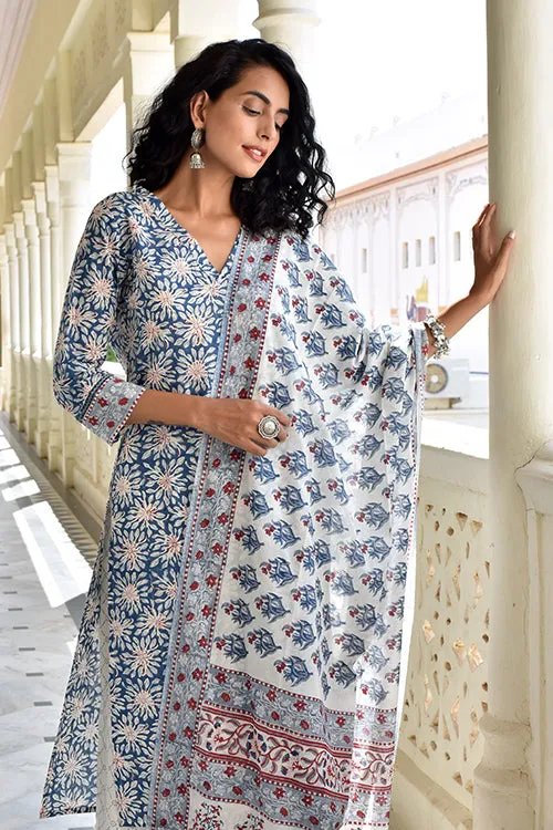 Okhai 'Silver Pearl' Pure Cotton Hand Block Printed Kurta Pant Dupatta Set