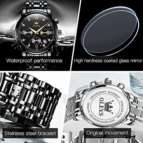 OLEVS Watch Men Watches Fashion Black Luxury Waterproof Multiple Dials Multifunction Watch Waterproof Watch Luminous for Men with Date Watches for Men Black Watch for Men