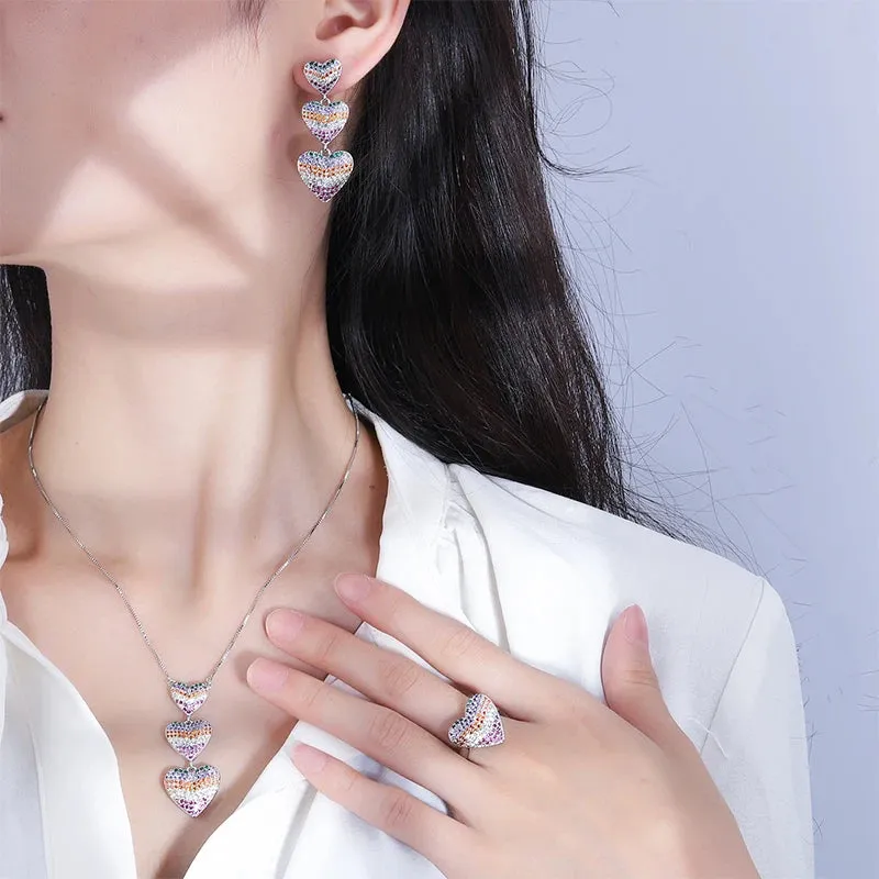 Rainbow CZ Triple Heart Pendant Necklace Set