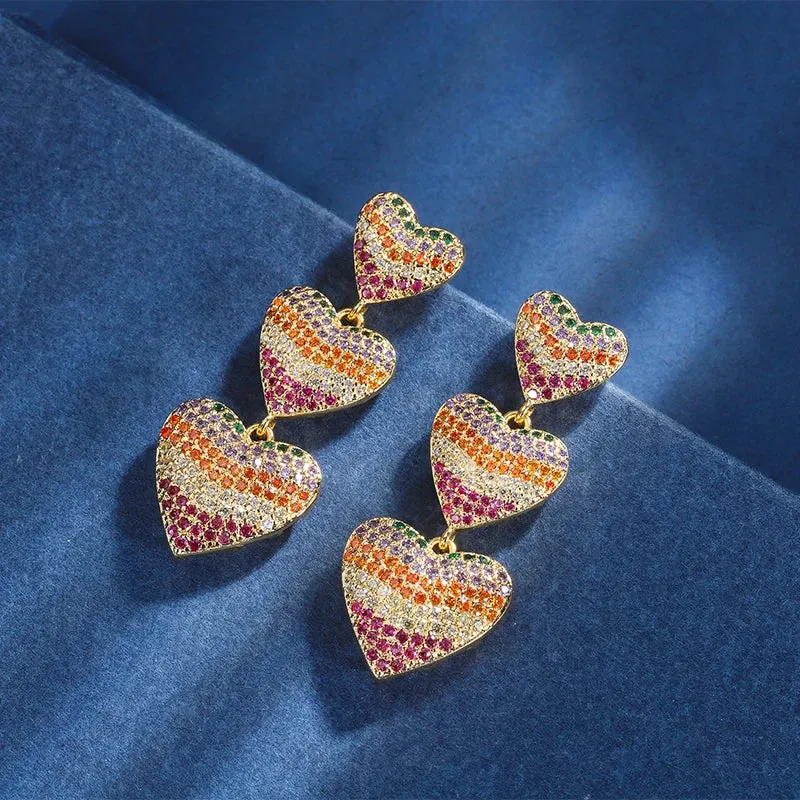 Rainbow CZ Triple Heart Pendant Necklace Set
