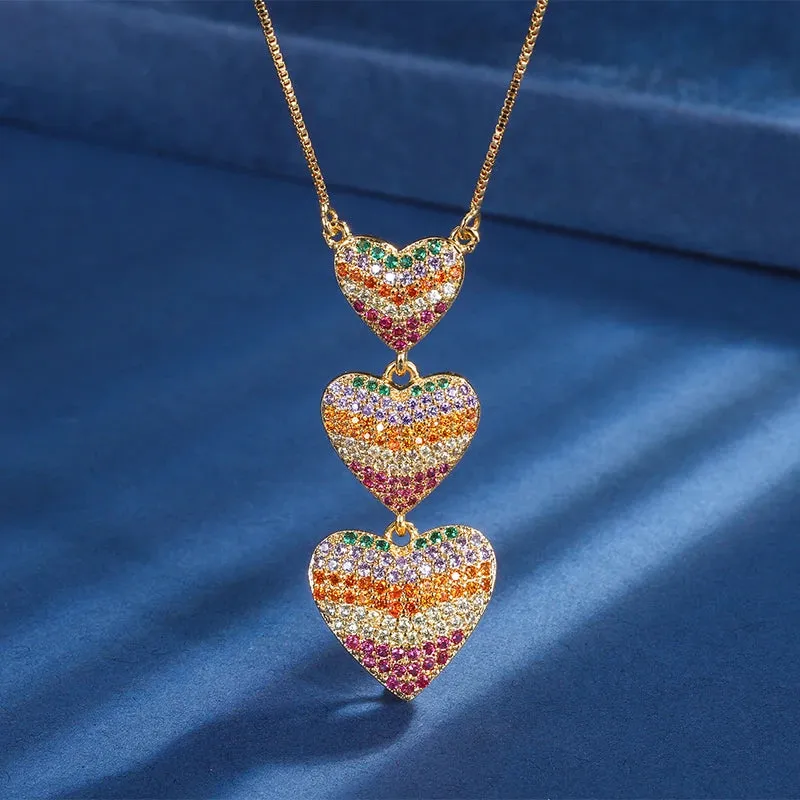 Rainbow CZ Triple Heart Pendant Necklace Set