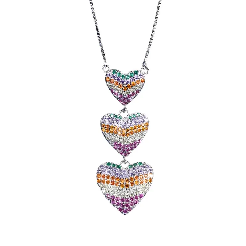 Rainbow CZ Triple Heart Pendant Necklace Set