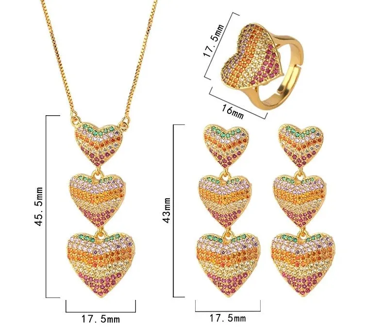 Rainbow CZ Triple Heart Pendant Necklace Set