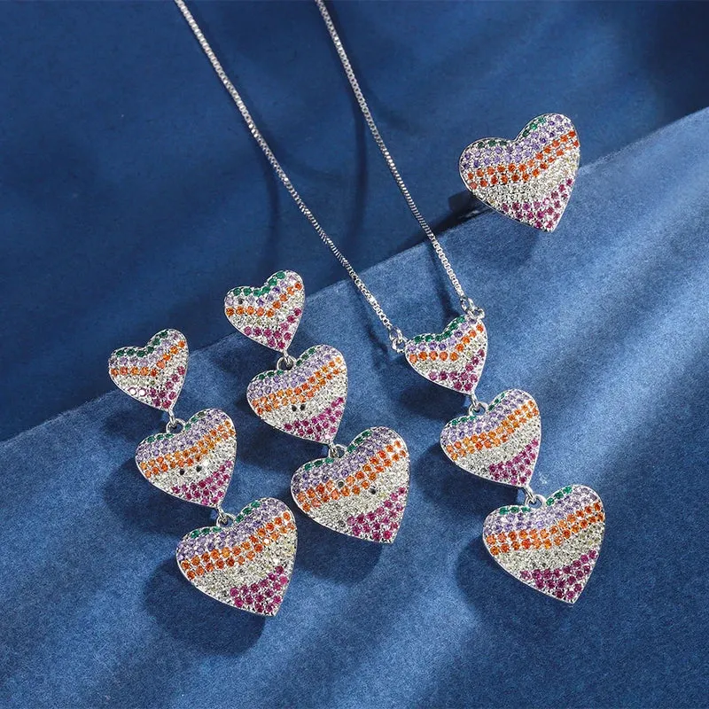 Rainbow CZ Triple Heart Pendant Necklace Set