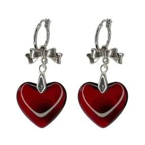 Red Stone Heart Bow Earrings