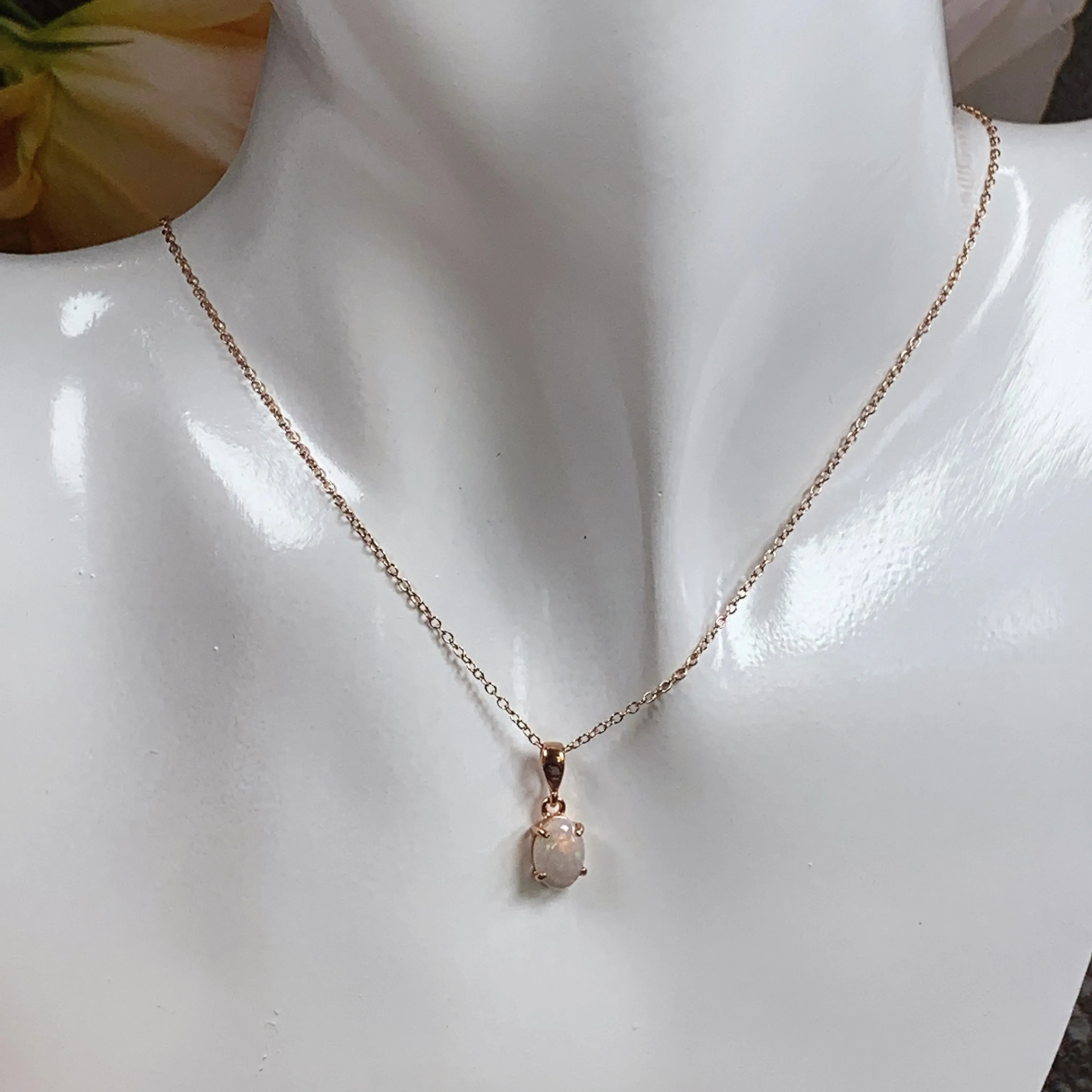 Rose Gold plated Sterling Silver 8x6mm White Opal pendant