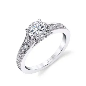 Round Cut Vintage Inspired Engagement Ring - Chereen 14k Gold White