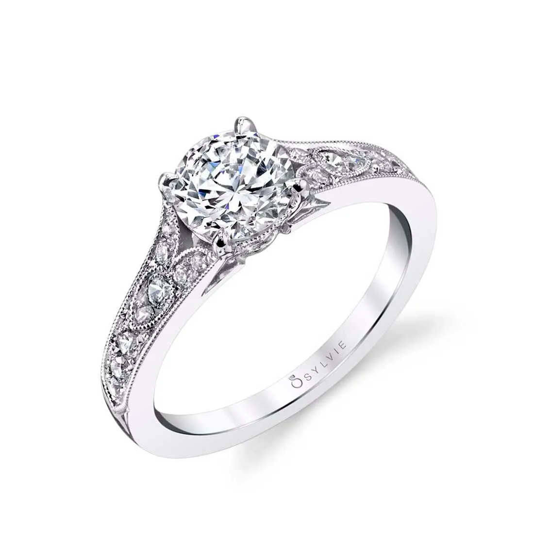 Round Cut Vintage Inspired Engagement Ring - Chereen 14k Gold White