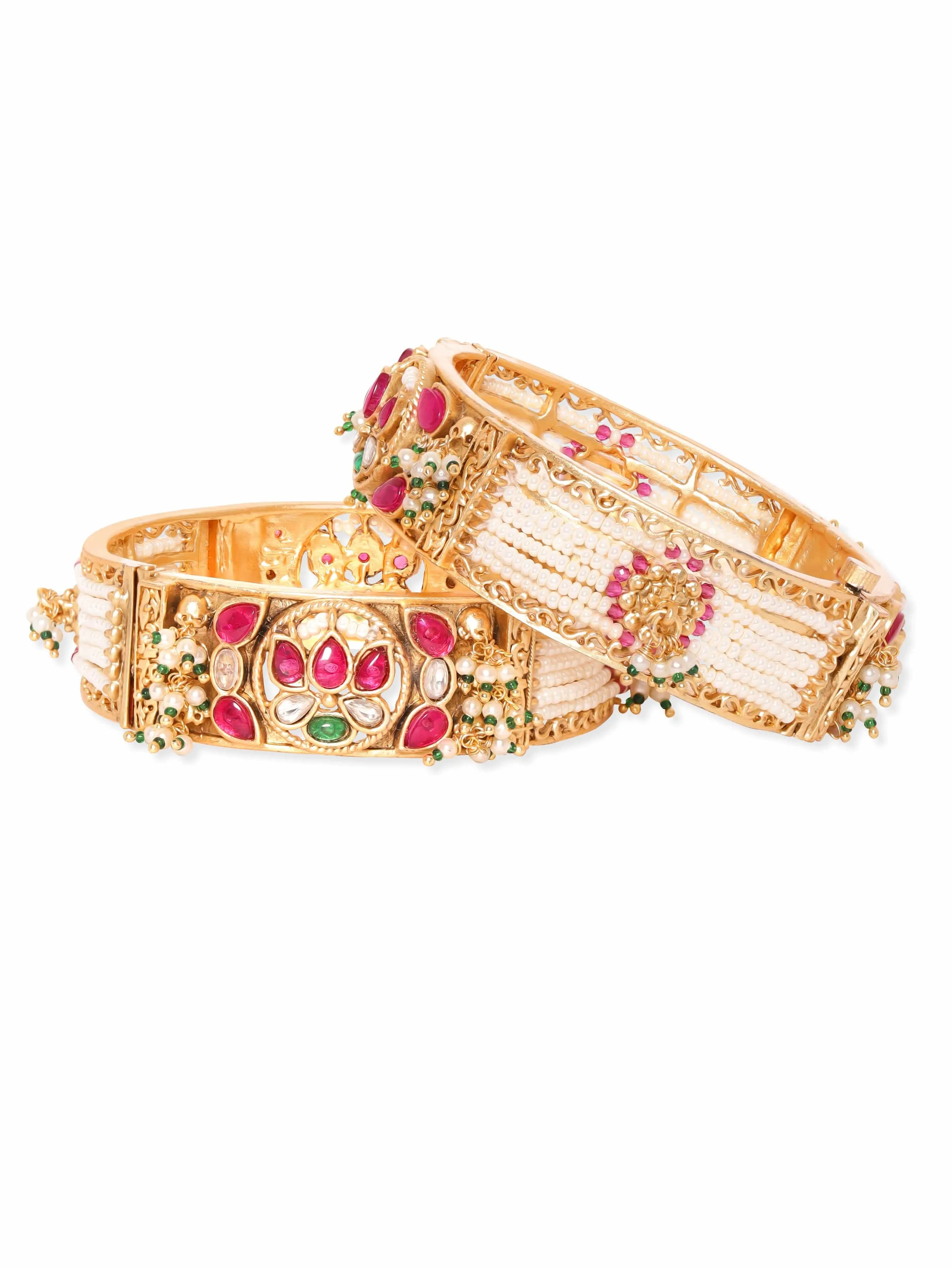Rubans 24k Gold plated kundan studded pearl beaded handcrafted bangles