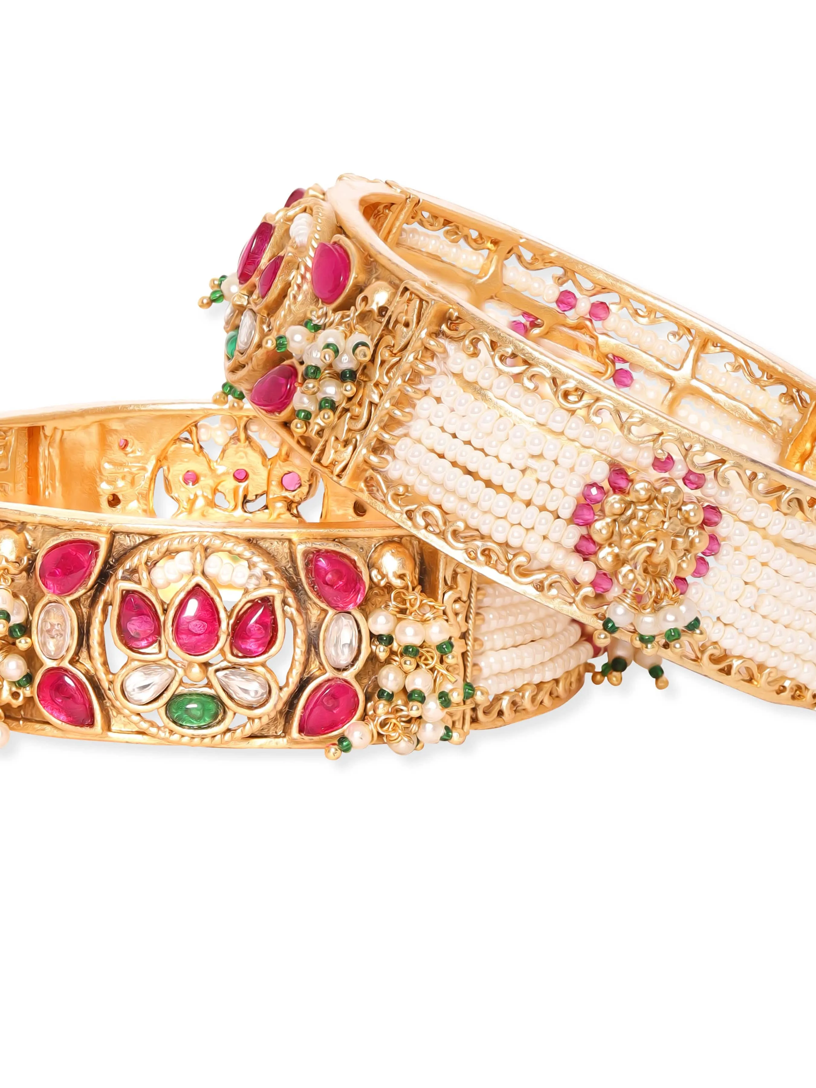 Rubans 24k Gold plated kundan studded pearl beaded handcrafted bangles