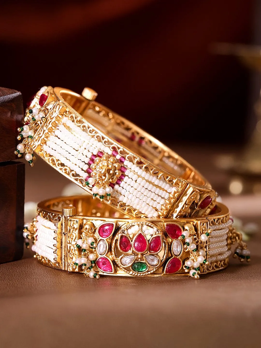 Rubans 24k Gold plated kundan studded pearl beaded handcrafted bangles