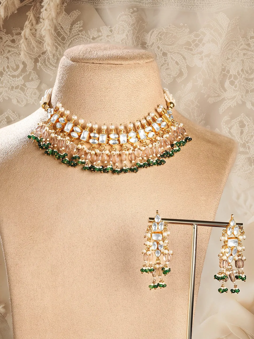 Rubans 24K Gold-Plated Pachi Kundan Studded Choker Set with Champagne Beads & Green Accents