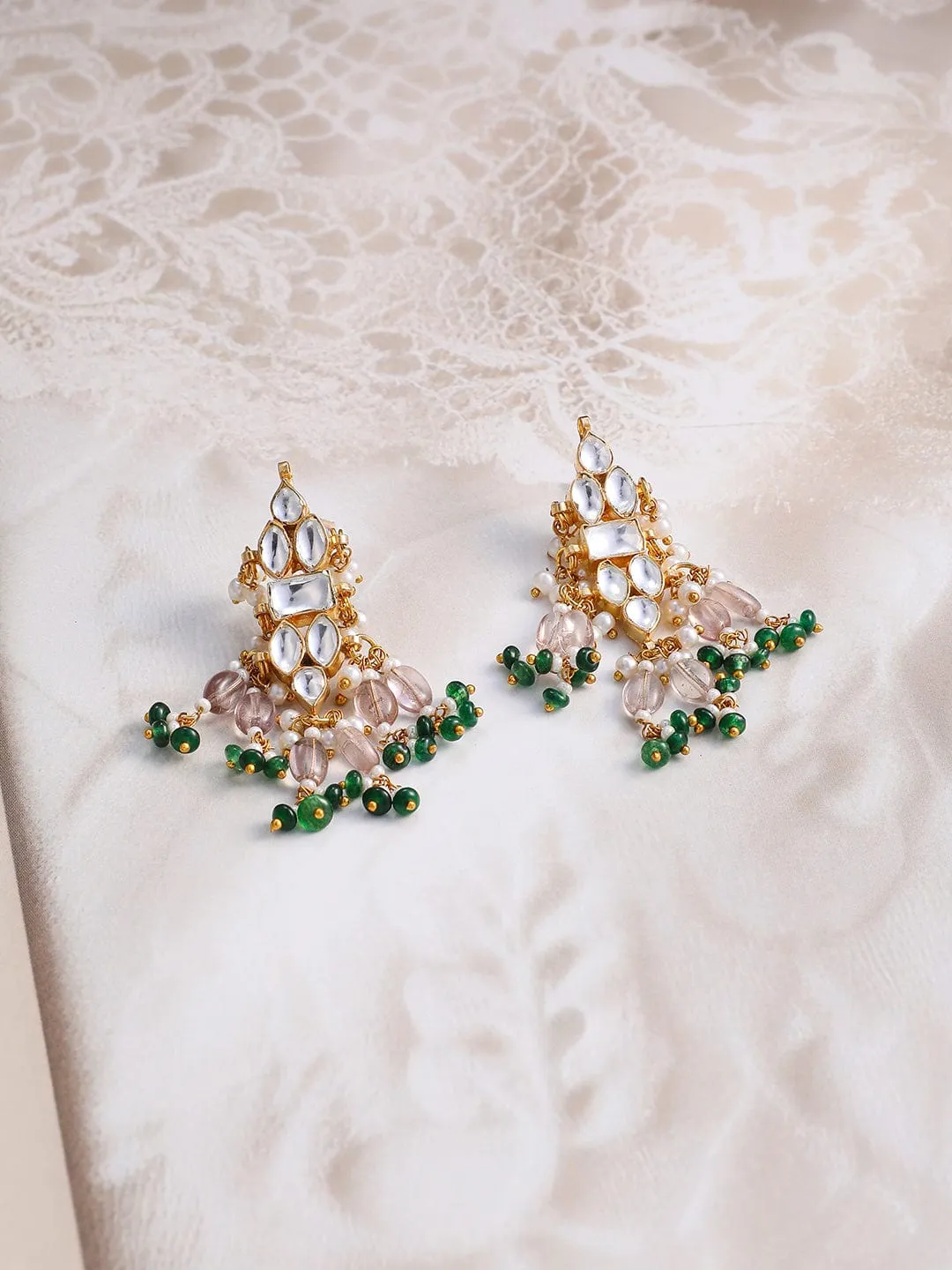 Rubans 24K Gold-Plated Pachi Kundan Studded Choker Set with Champagne Beads & Green Accents