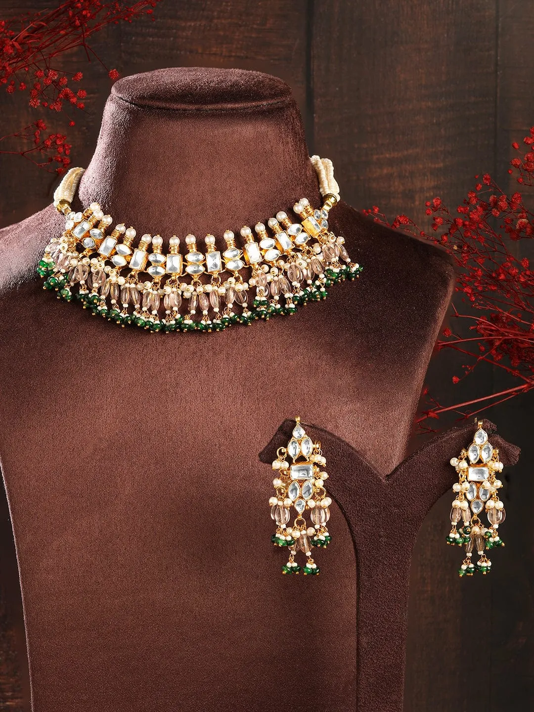 Rubans 24K Gold-Plated Pachi Kundan Studded Choker Set with Champagne Beads & Green Accents