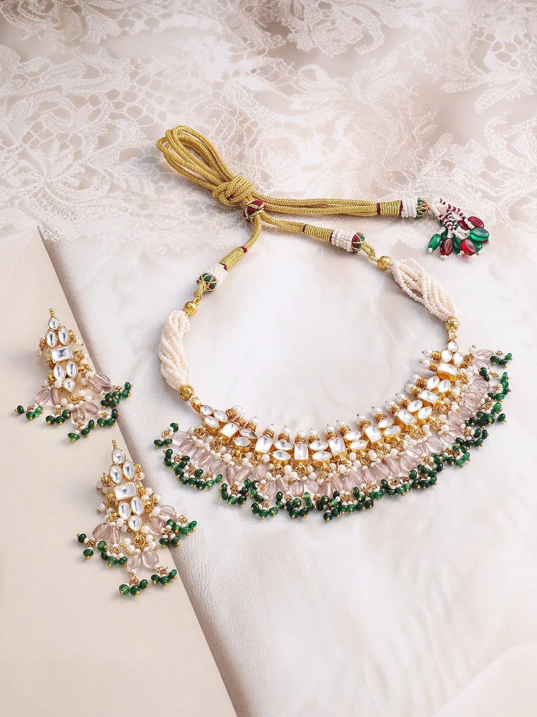 Rubans 24K Gold-Plated Pachi Kundan Studded Choker Set with Champagne Beads & Green Accents