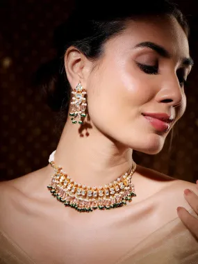 Rubans 24K Gold-Plated Pachi Kundan Studded Choker Set with Champagne Beads & Green Accents