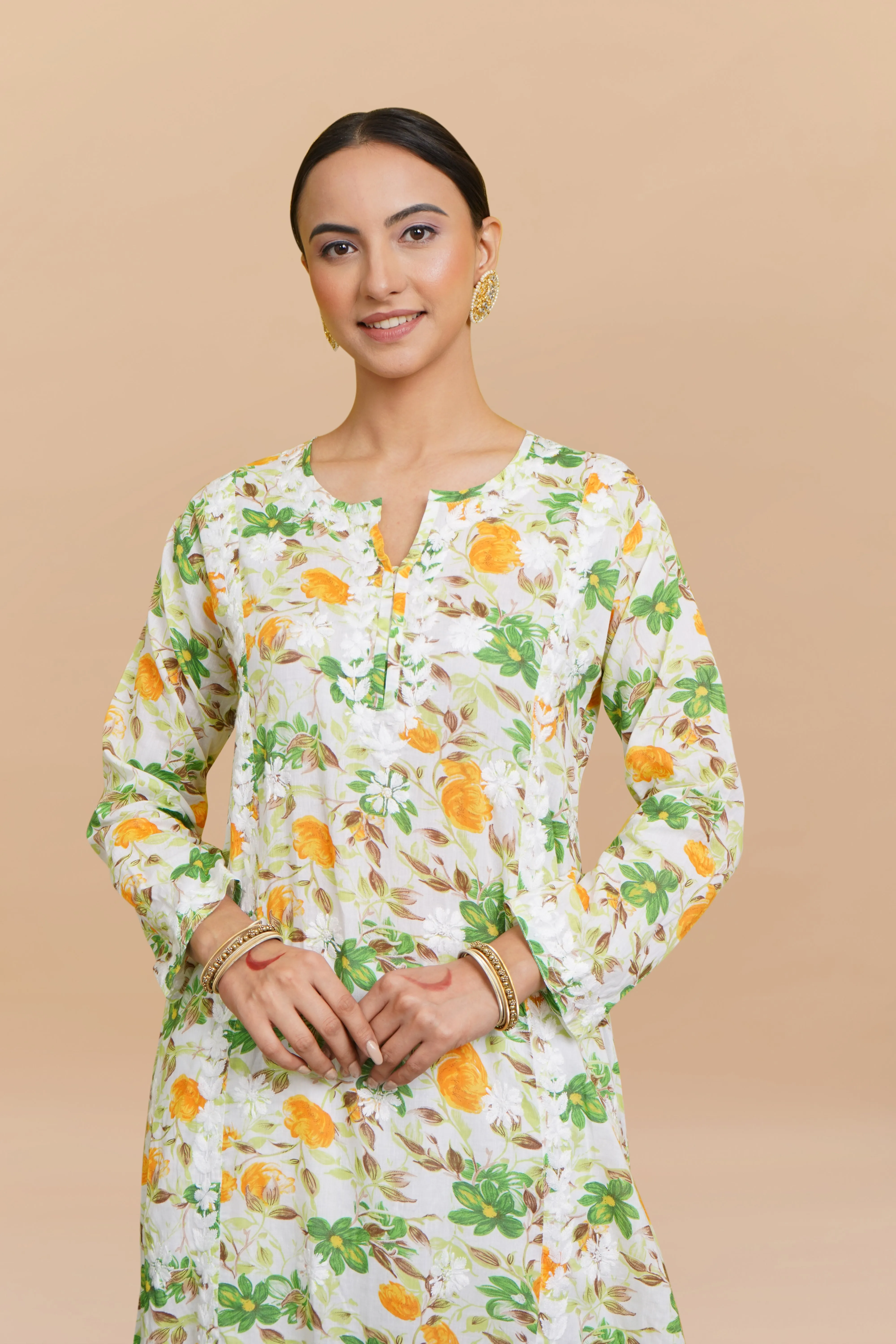 Saba Chikankari Kurta in Mul cotton in Green Floral