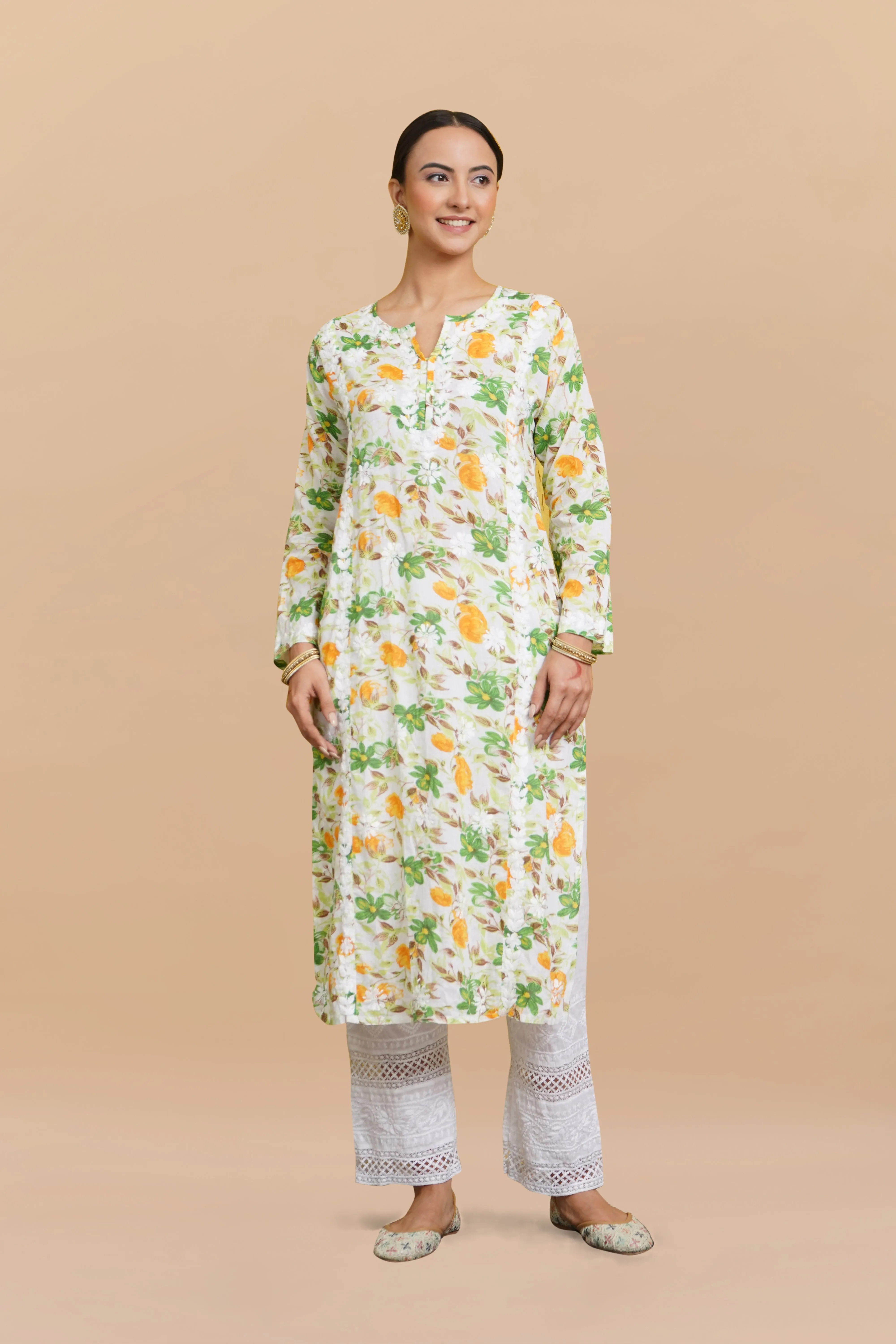 Saba Chikankari Kurta in Mul cotton in Green Floral