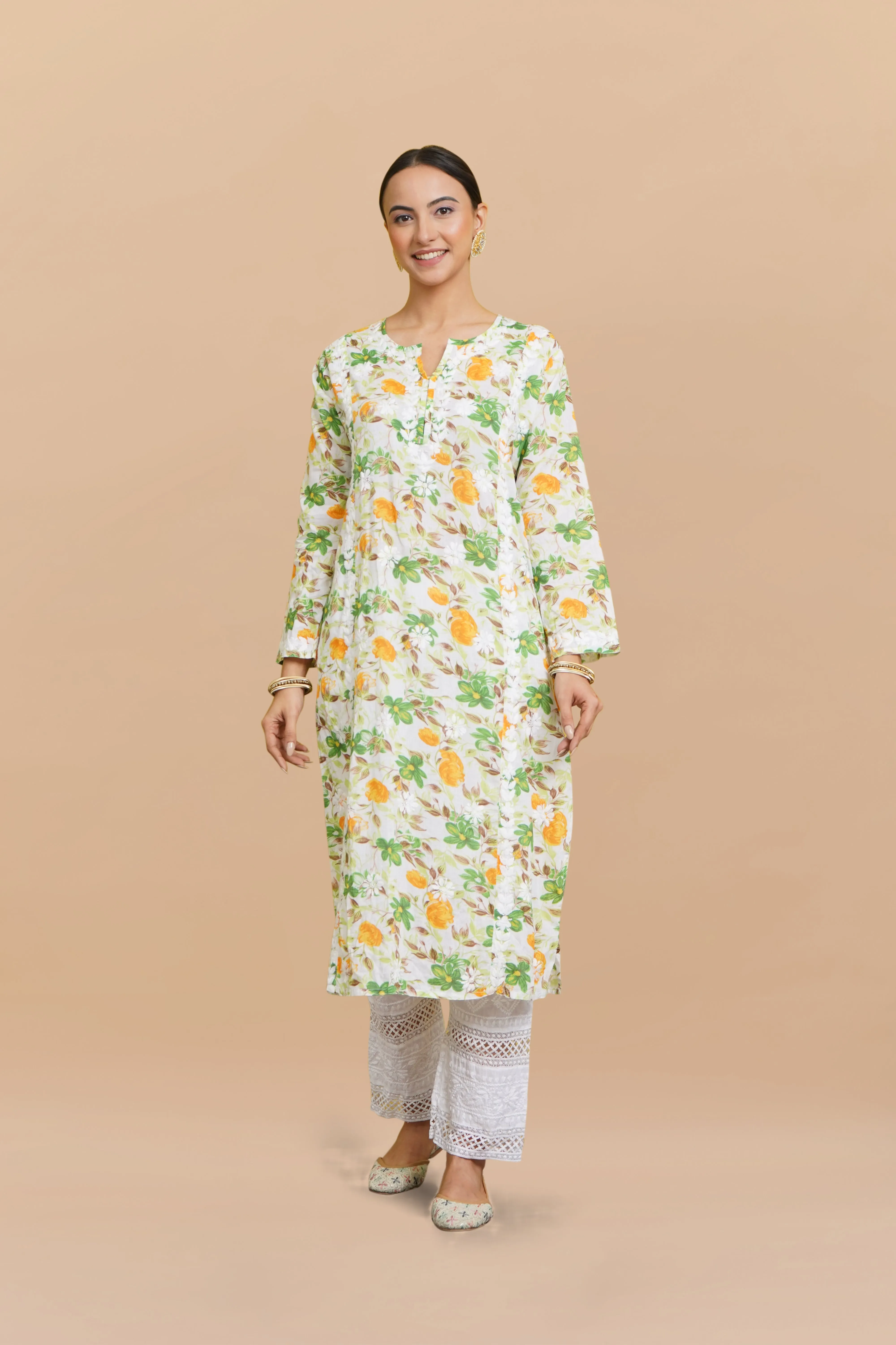 Saba Chikankari Kurta in Mul cotton in Green Floral