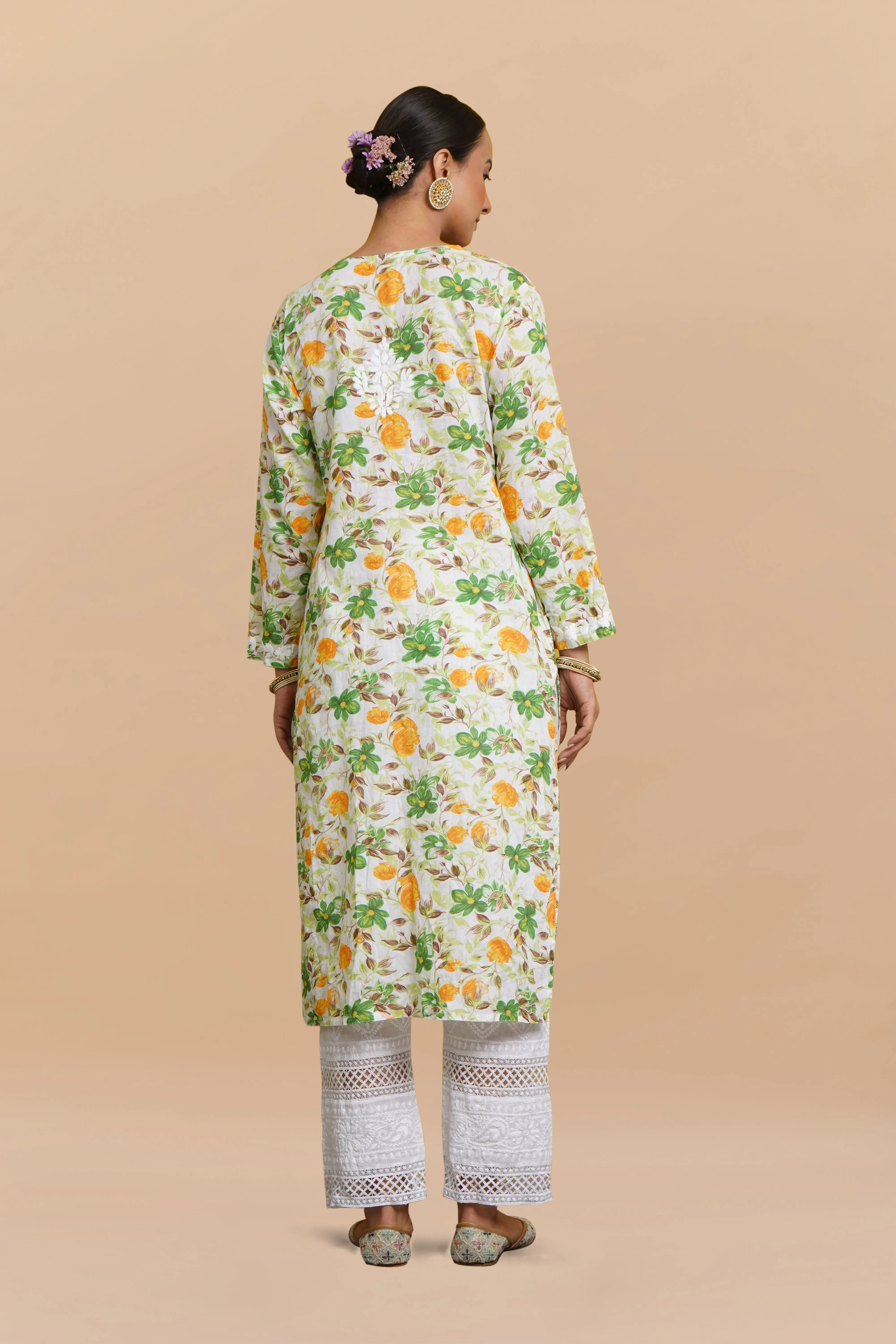 Saba Chikankari Kurta in Mul cotton in Green Floral