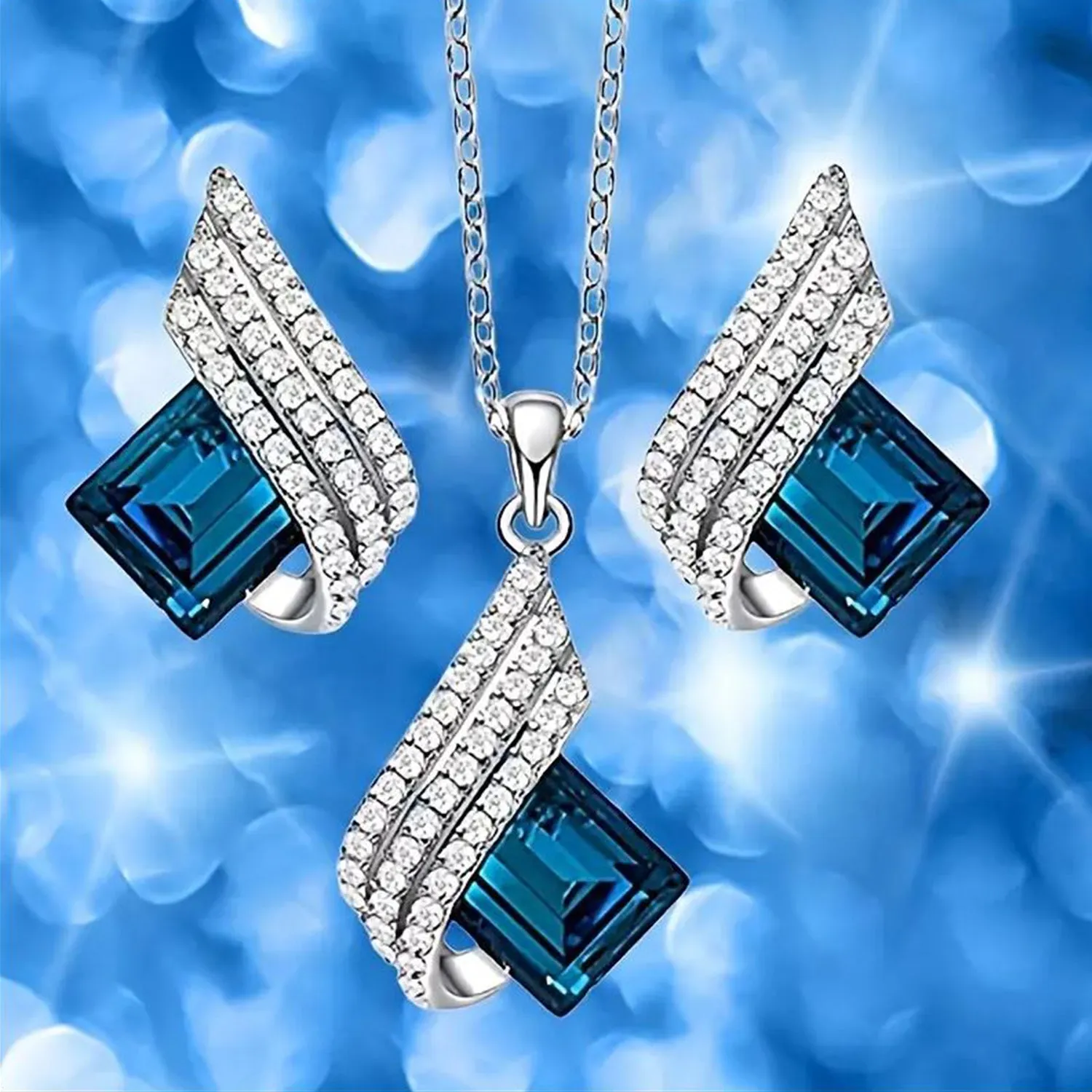 Shining Angel Wings Pink and White Crystal Pendant Necklace Earrings Set
