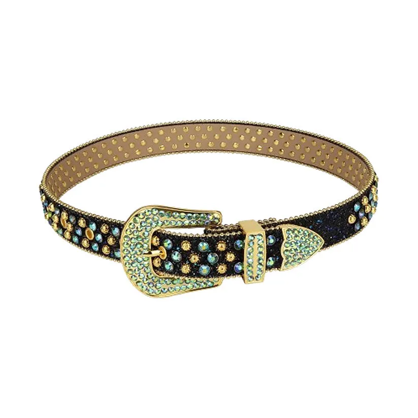 Shiny Black Strap With Aqua & Gold Studded Rhinestone Belt