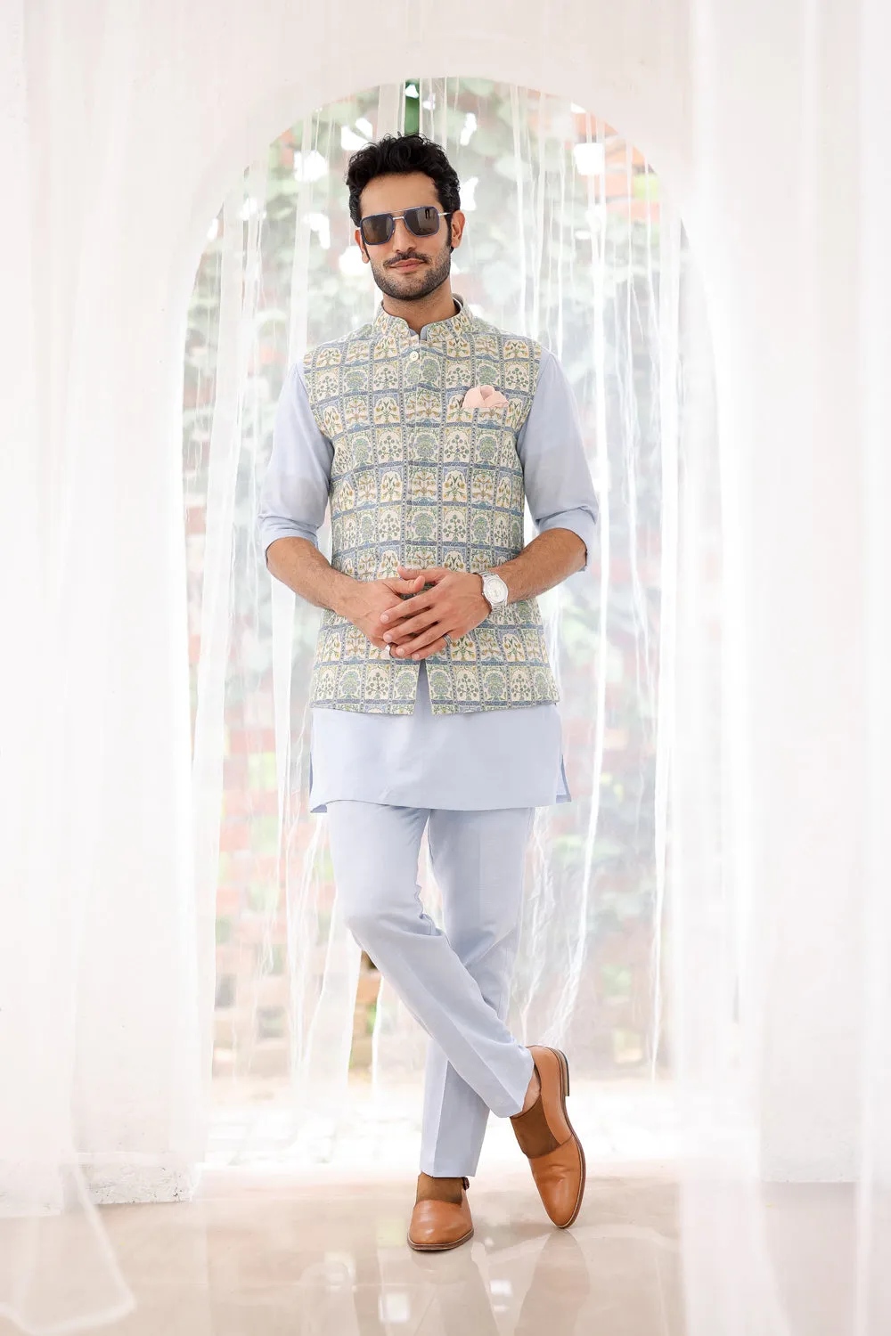 Sky Blue Floral Printed Kurta Bundi Set