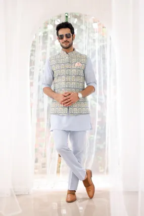 Sky Blue Floral Printed Kurta Bundi Set