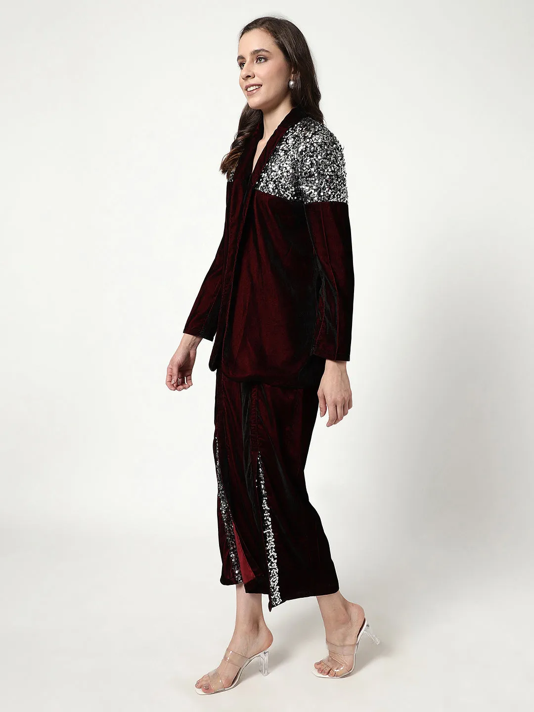 Solid Blazer With Sequin Patch With Stylish Matching Pant Set