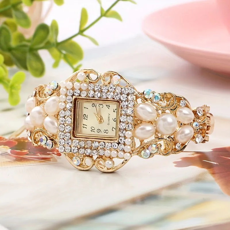 Square Faux Pearls & Rhinestones Quartz Bracelet Watch