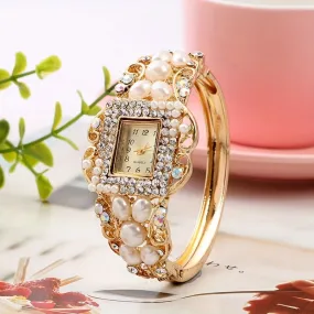Square Faux Pearls & Rhinestones Quartz Bracelet Watch