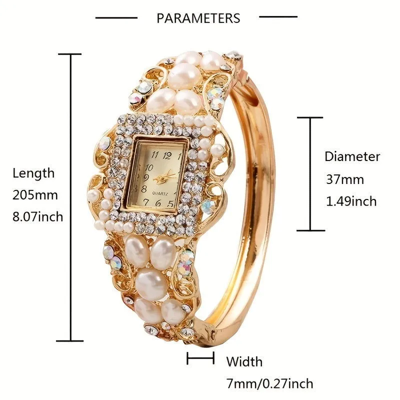 Square Faux Pearls & Rhinestones Quartz Bracelet Watch