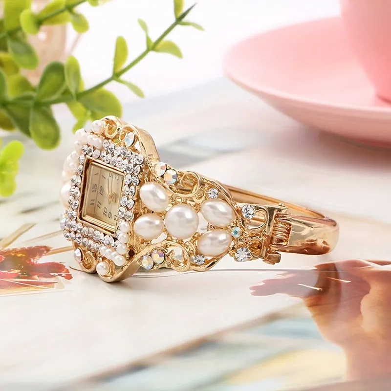 Square Faux Pearls & Rhinestones Quartz Bracelet Watch