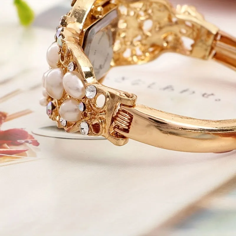 Square Faux Pearls & Rhinestones Quartz Bracelet Watch
